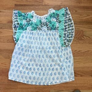THML Blue & Green Floral Mix-Print Peasant Top